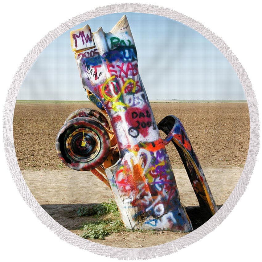 Cadillac Ranch Round Beach Towel featuring the photograph Cadillac Ranch, West Texas by Greg Kopriva