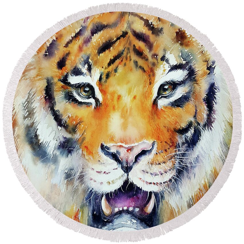 Tiger Round Beach Towel featuring the painting Caesar by Arti Chauhan