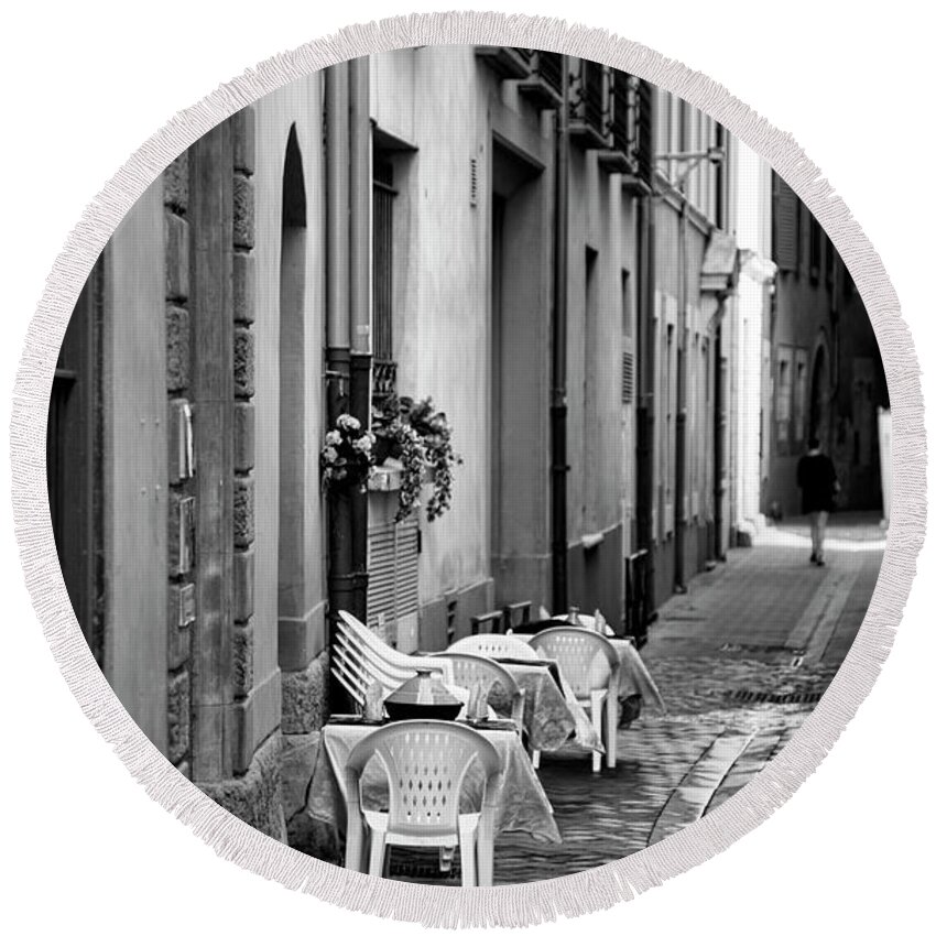France Round Beach Towel featuring the photograph Cafe France Black White by Chuck Kuhn