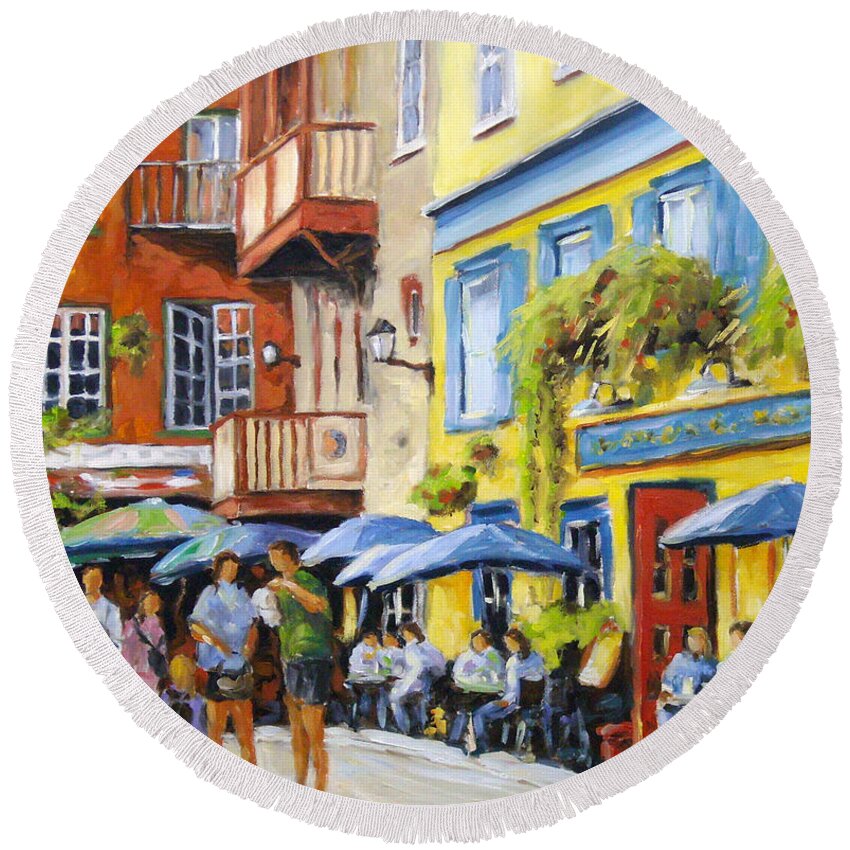 Balcony Round Beach Towel featuring the painting Cafe in the Old Quebec by Richard T Pranke