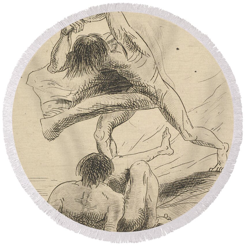 19th Century Art Round Beach Towel featuring the relief Cain and Abel by Odilon Redon