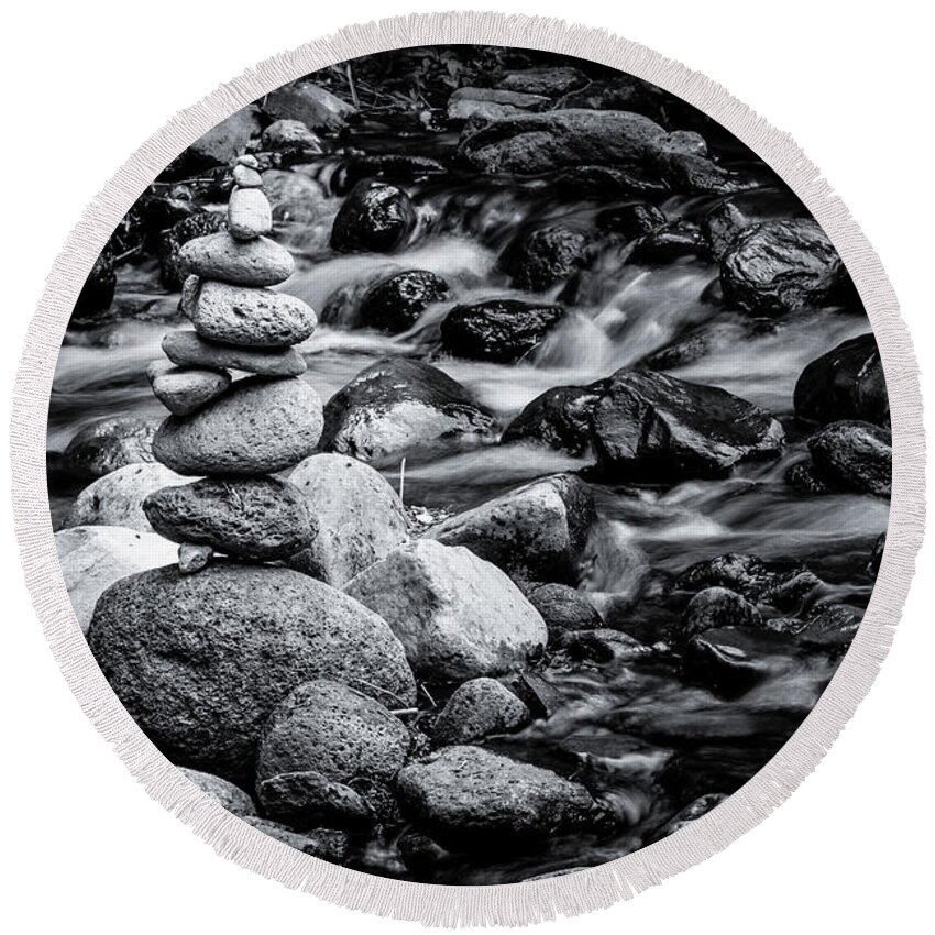 Inuksuk Round Beach Towel featuring the photograph Cairn in a stream by The Flying Photographer