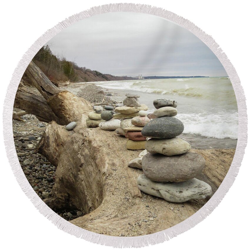  Round Beach Towel featuring the photograph Cairn on the Beach by Kimberly Mackowski