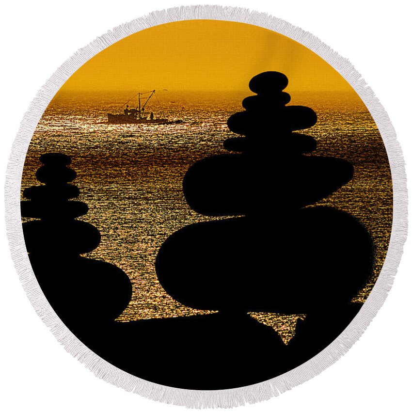 Cairns In Silhouette Round Beach Towel featuring the photograph Cairns in Silhouette by Marty Saccone