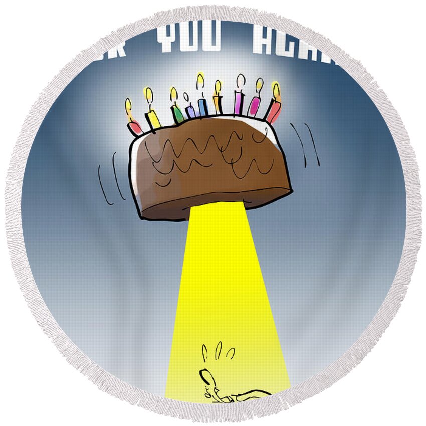Birthday Round Beach Towel featuring the digital art Cake Spaceship by Mark Armstrong