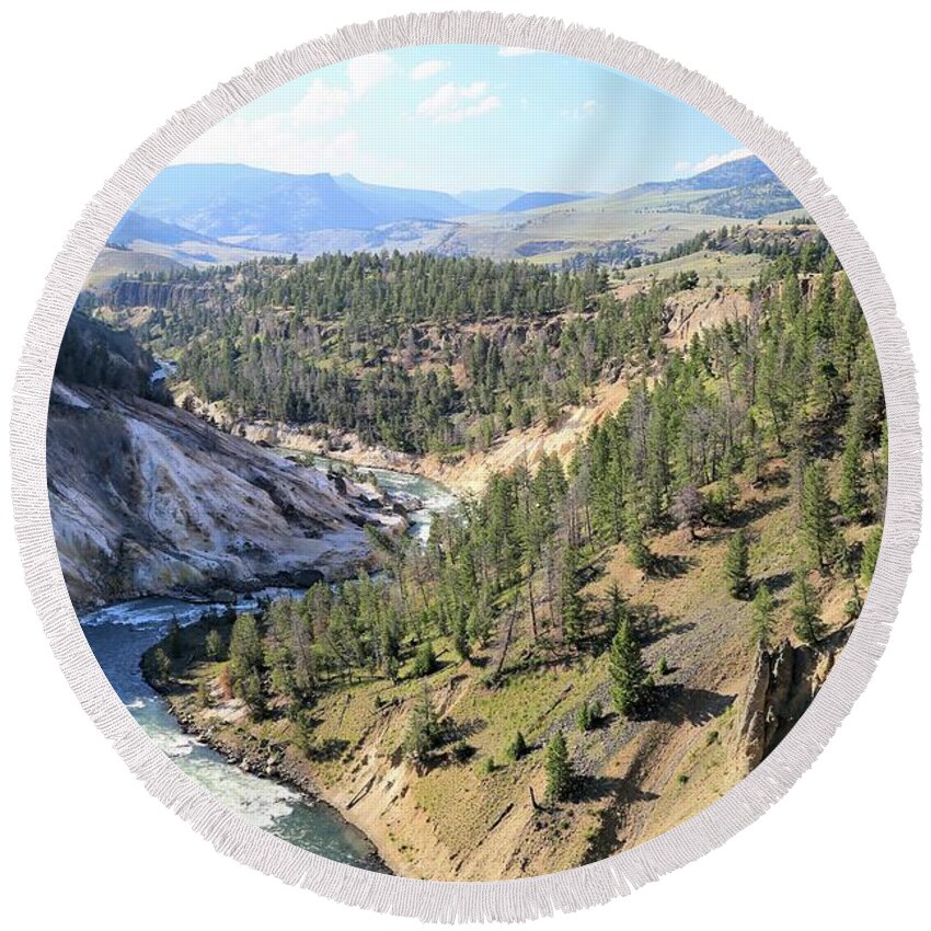 Photosbymch Round Beach Towel featuring the photograph Calcite Springs along the bank of the Yellowstone River by M C Hood