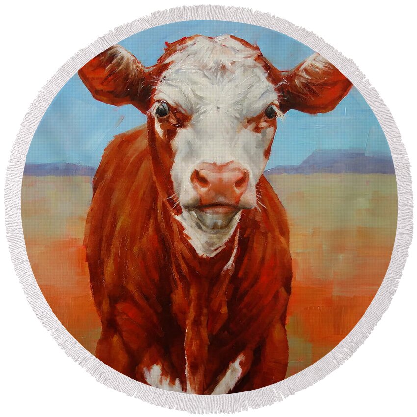 Calf Round Beach Towel featuring the painting Calf Stare by Margaret Stockdale