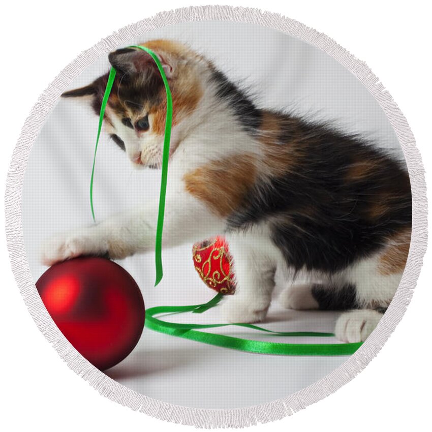 Calico Kitten Christmas Ornaments Round Beach Towel featuring the photograph Calico kitten and Christmas ornaments by Garry Gay