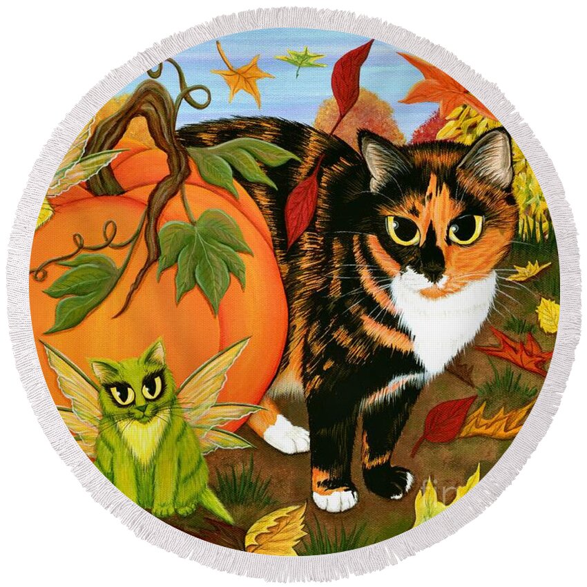 Fairy Cat Round Beach Towel featuring the painting Calico's Mystical Pumpkin - Fairy Cats by Carrie Hawks