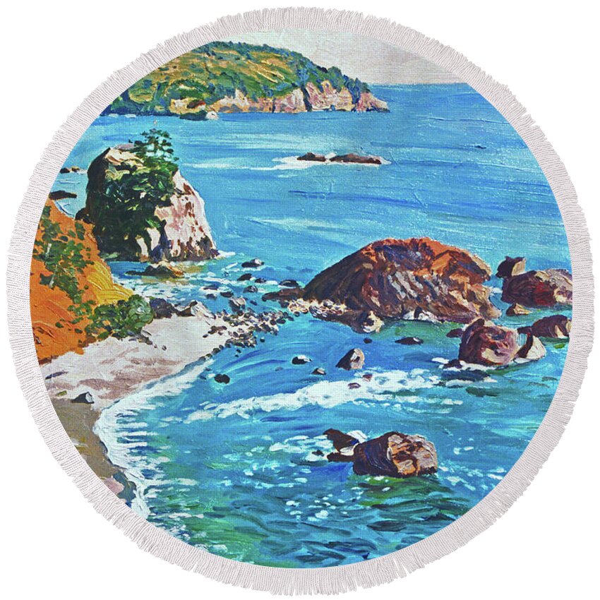 Pacific Ocean Round Beach Towel featuring the painting California Coastline by David Lloyd Glover