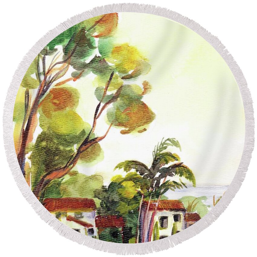Landscape Round Beach Towel featuring the painting California morning by Oana Godeanu