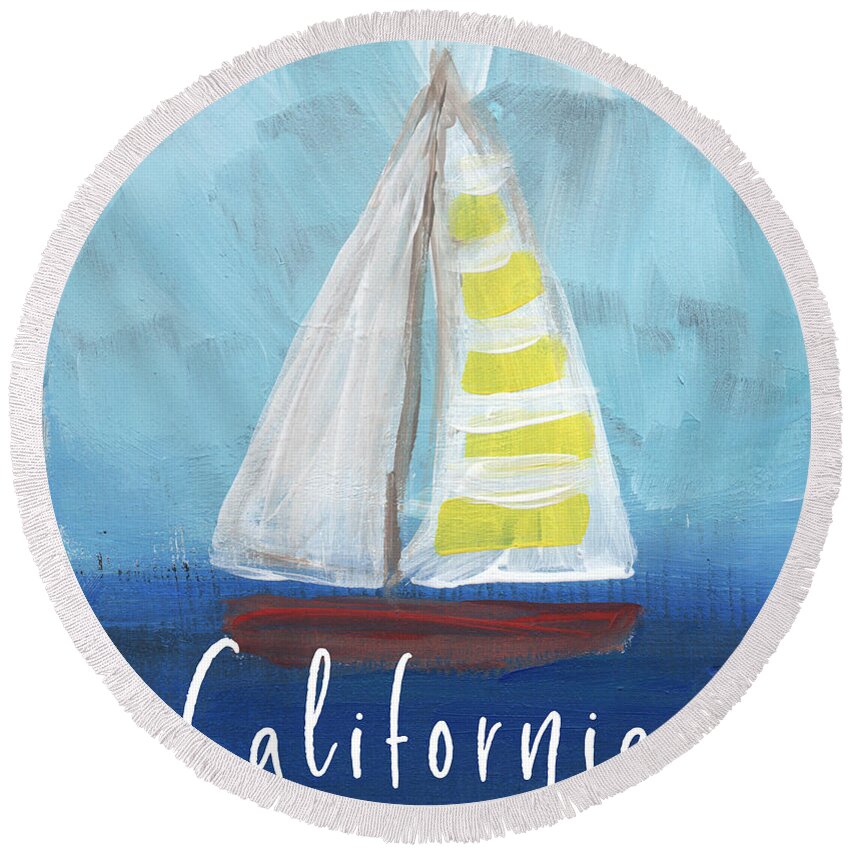 California Round Beach Towel featuring the mixed media California Sailing- Art by Linda Woods by Linda Woods