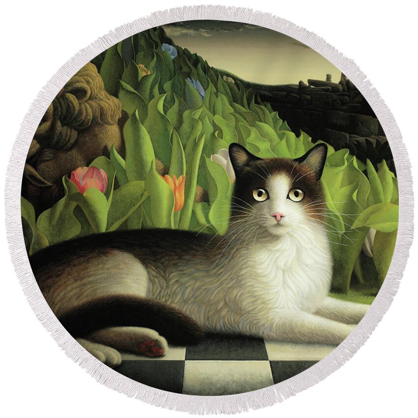 Cat Round Beach Towel featuring the painting Call of the Wild by Chris Miles