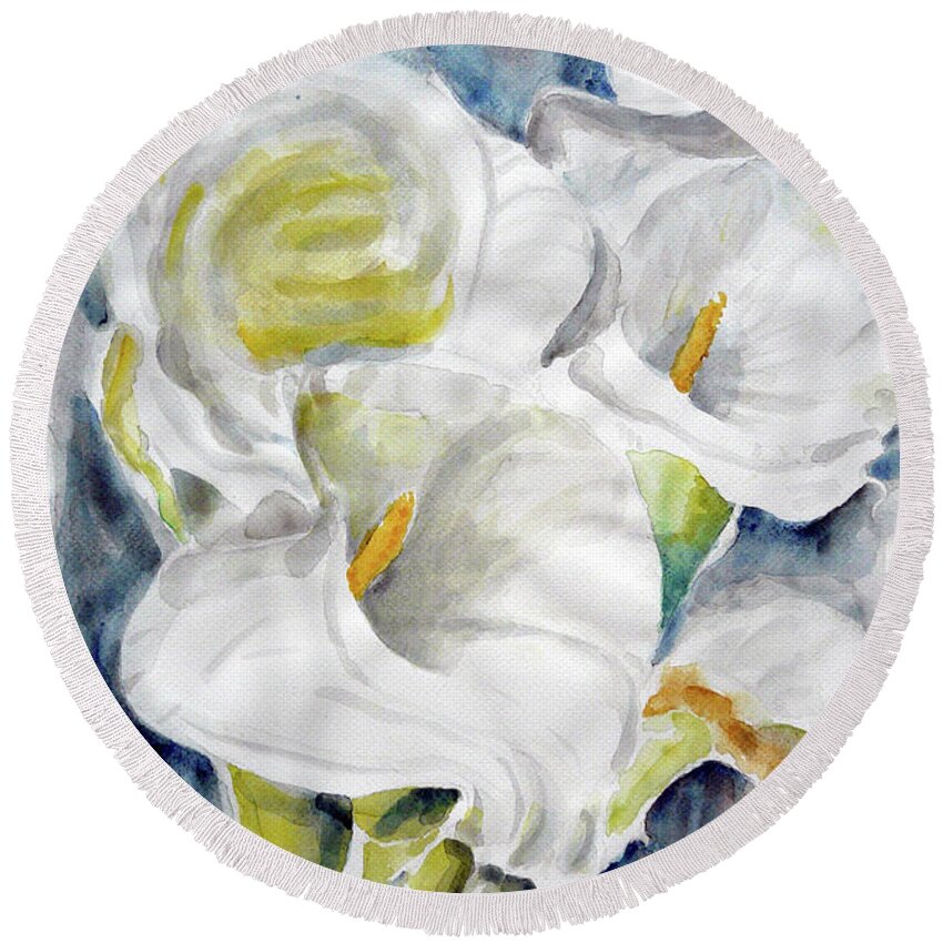 Callas Round Beach Towel featuring the painting Calla by Jasna Dragun