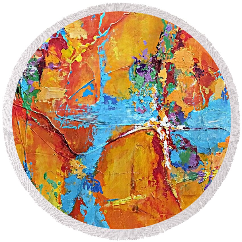 Abstract Art Round Beach Towel featuring the painting Calling All Angels by Mary Mirabal