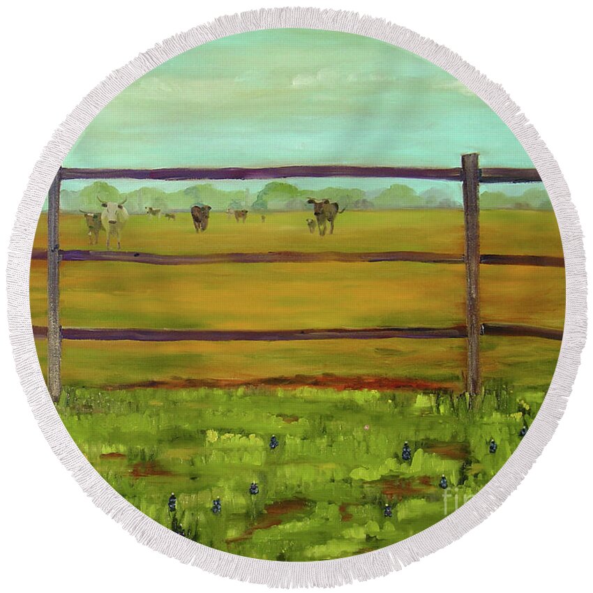 Western Round Beach Towel featuring the painting Calling 'em Home by Lilibeth Andre
