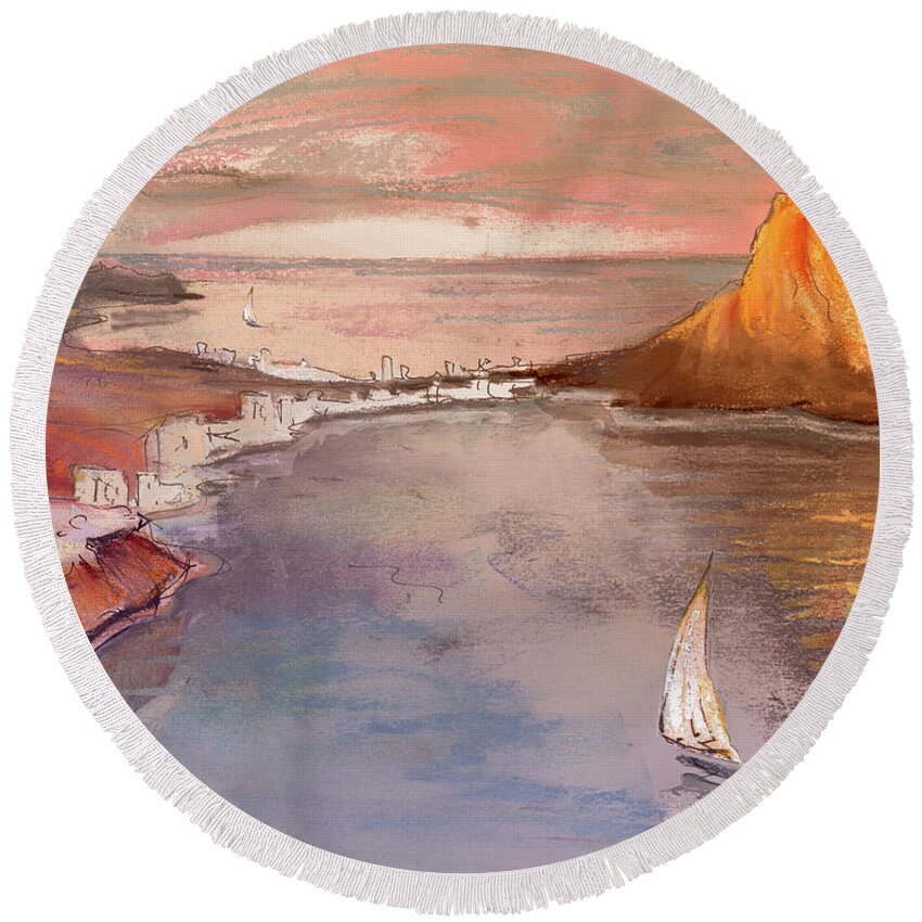 Spain Round Beach Towel featuring the painting Calpe at Sunset by Miki De Goodaboom
