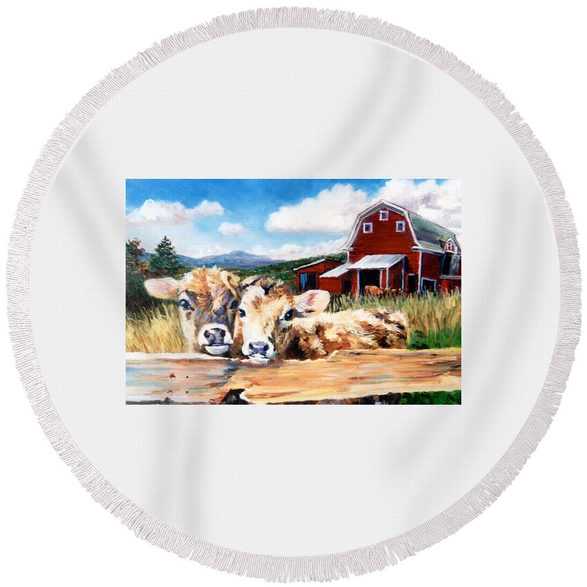 Cows Round Beach Towel featuring the painting Calves by Marie Witte
