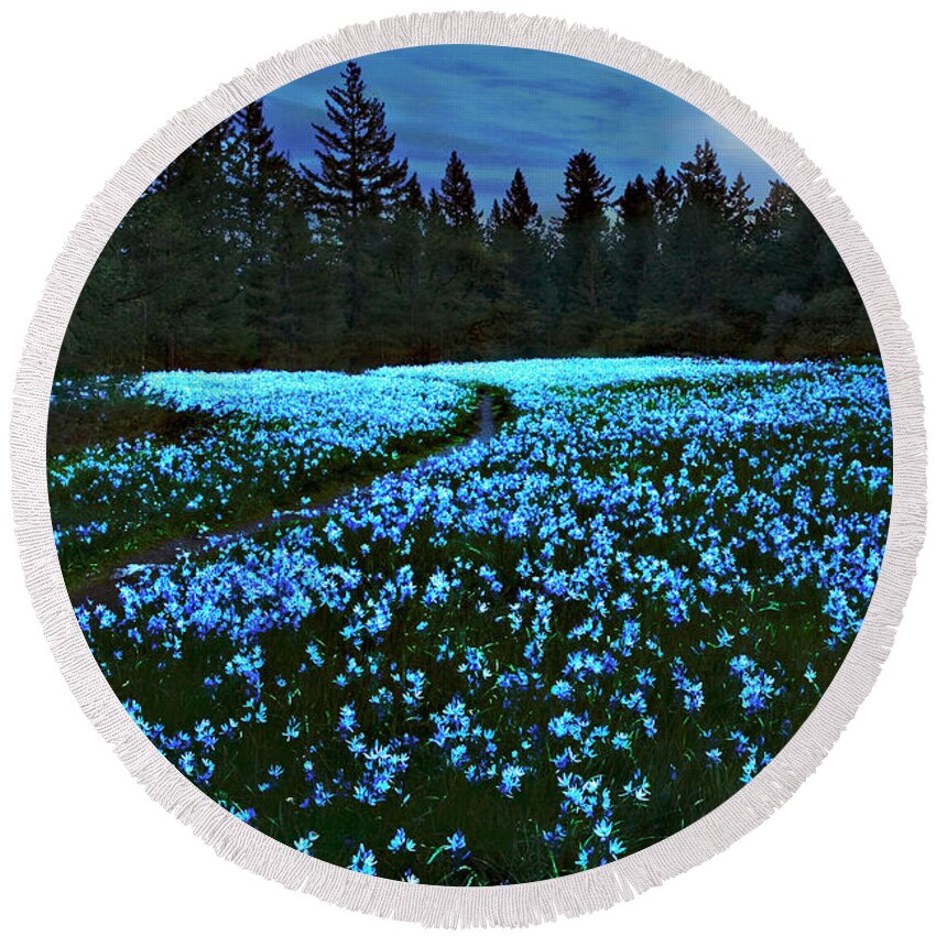 Camas Round Beach Towel featuring the photograph Camas Lilies in Moonlight by John Christopher