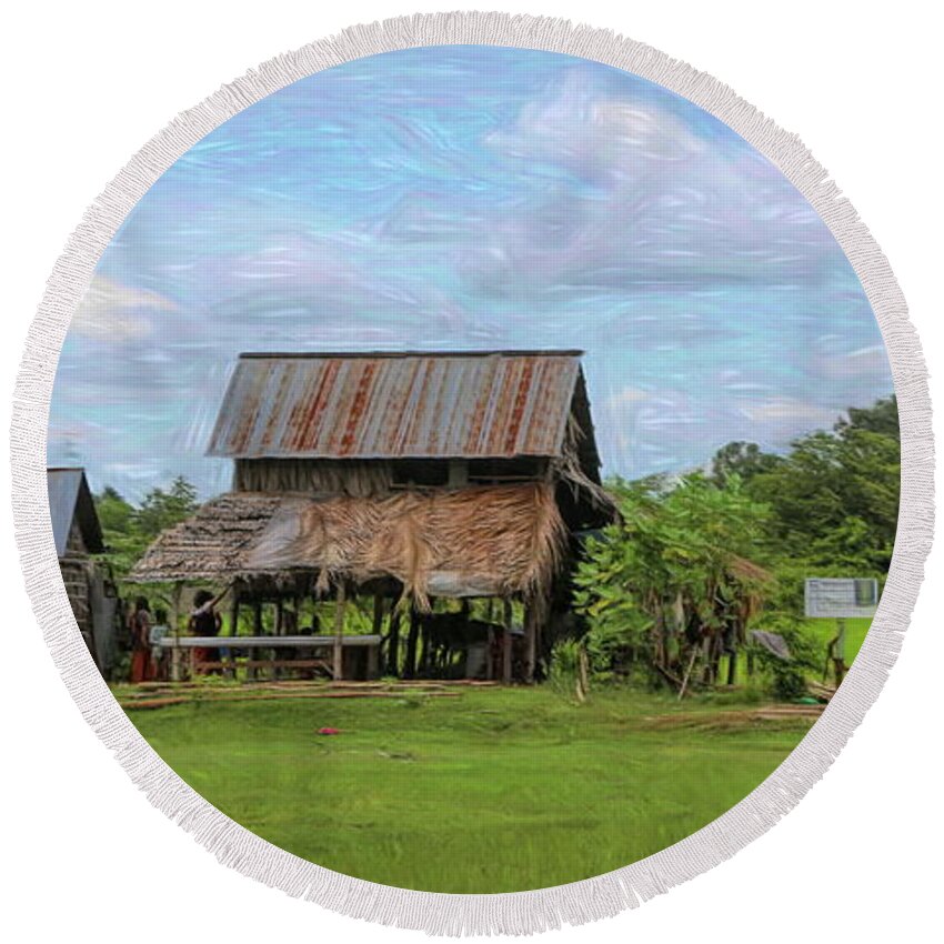 Cambodia Round Beach Towel featuring the digital art Cambodia Home Landscape Paint by Chuck Kuhn