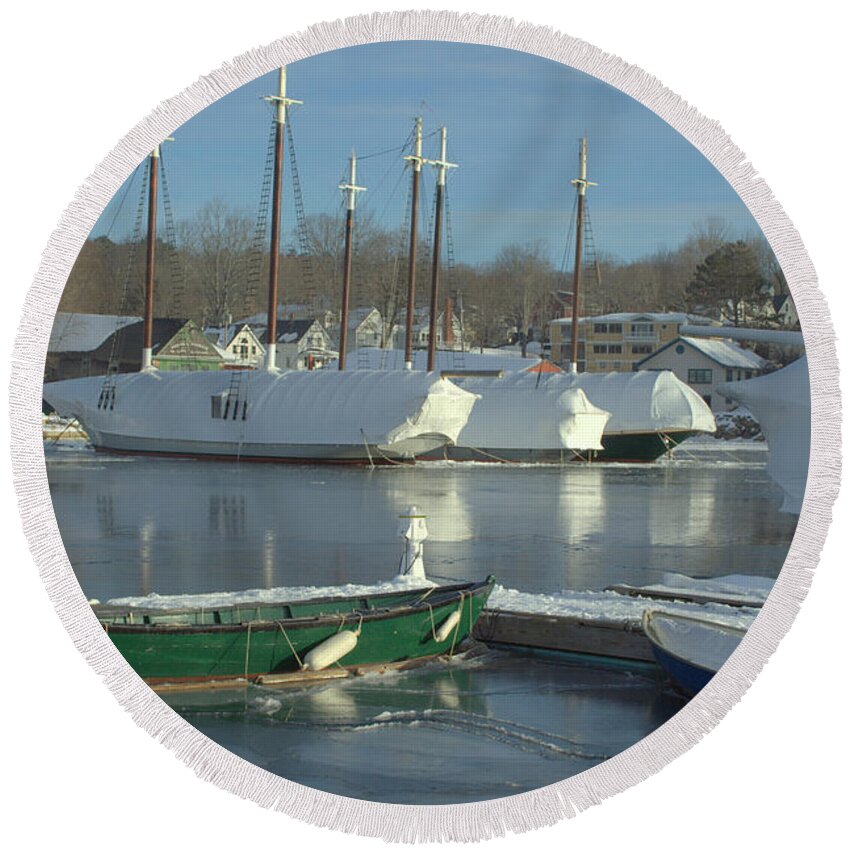  Round Beach Towel featuring the photograph Camden Winter Boats by Doug Mills