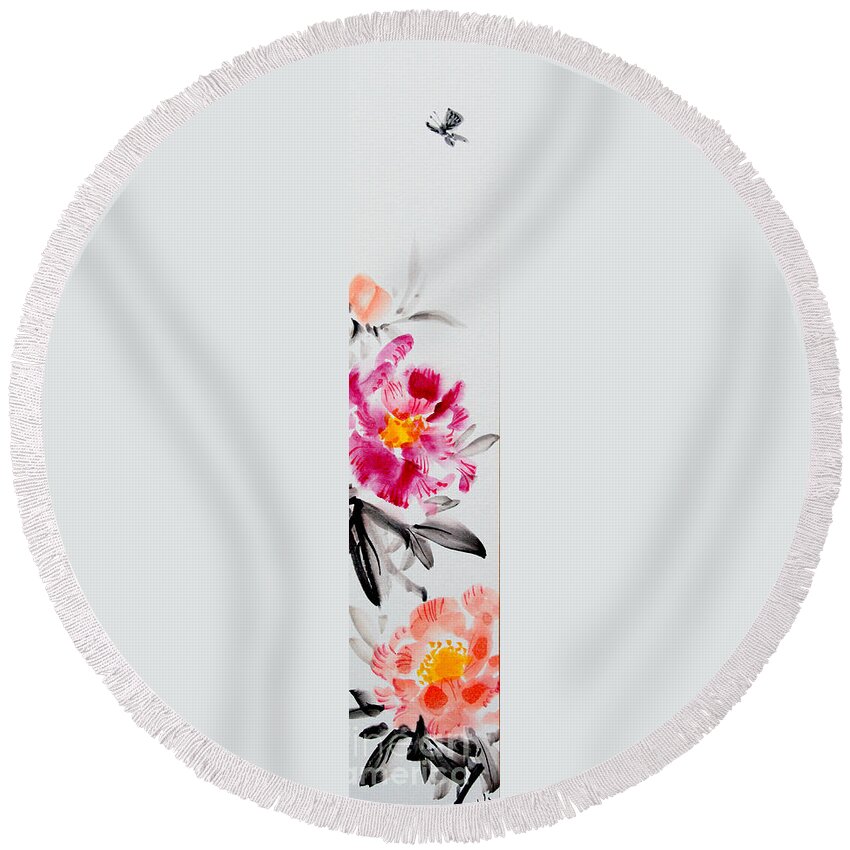 Japanese Round Beach Towel featuring the painting Camellia And Butterfly by Fumiyo Yoshikawa