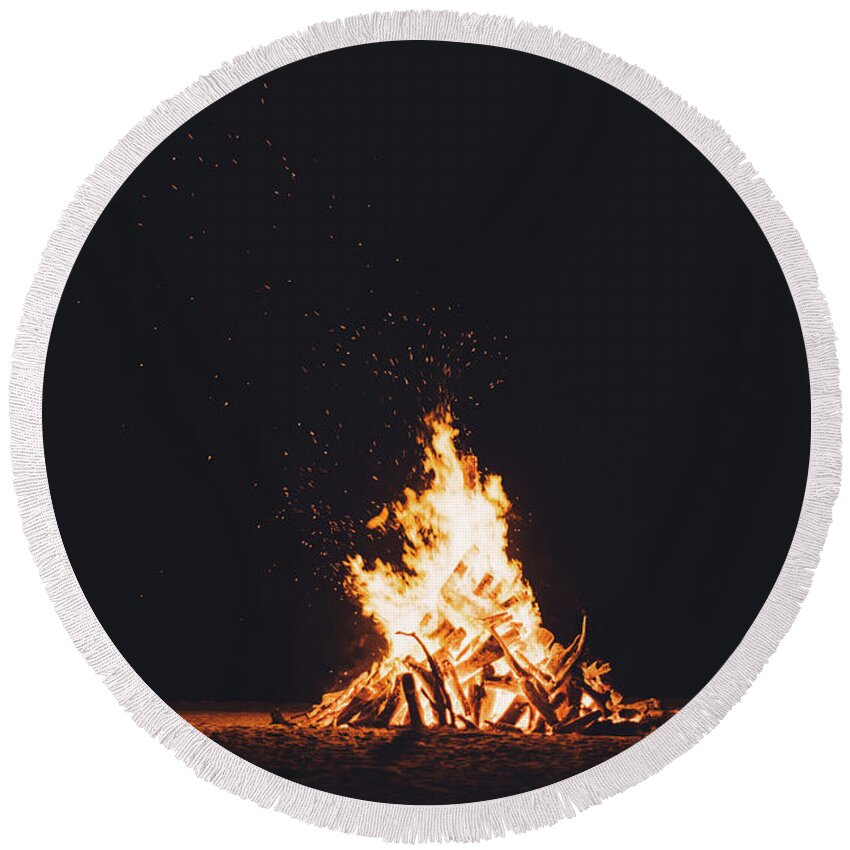 Fire Round Beach Towel featuring the photograph Camping Fire by Happy Home Artistry