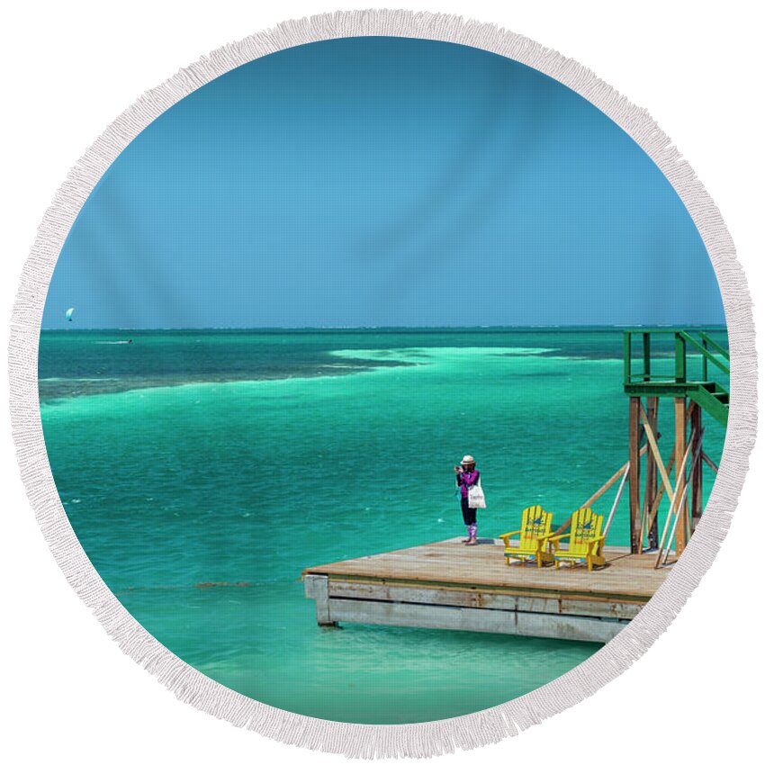 Caye Caulker Belize Round Beach Towel featuring the photograph Can You Hear me NOW by David Zanzinger