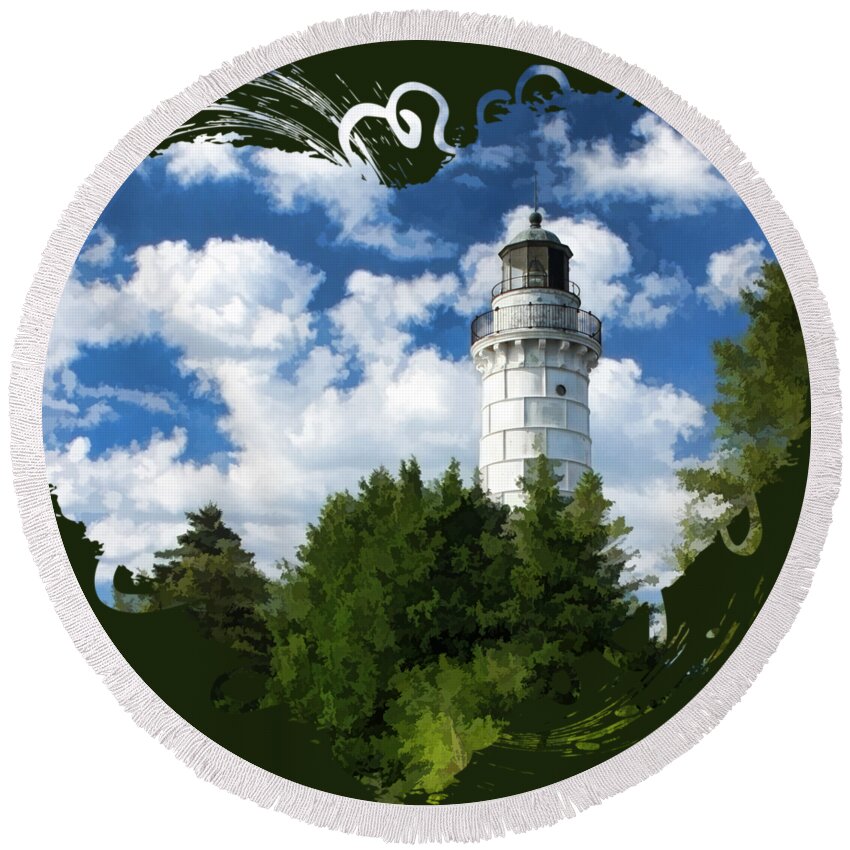 Cana Island Lighthouse Round Beach Towel featuring the painting Cana Island Lighthouse Cloudscape in Door County by Christopher Arndt