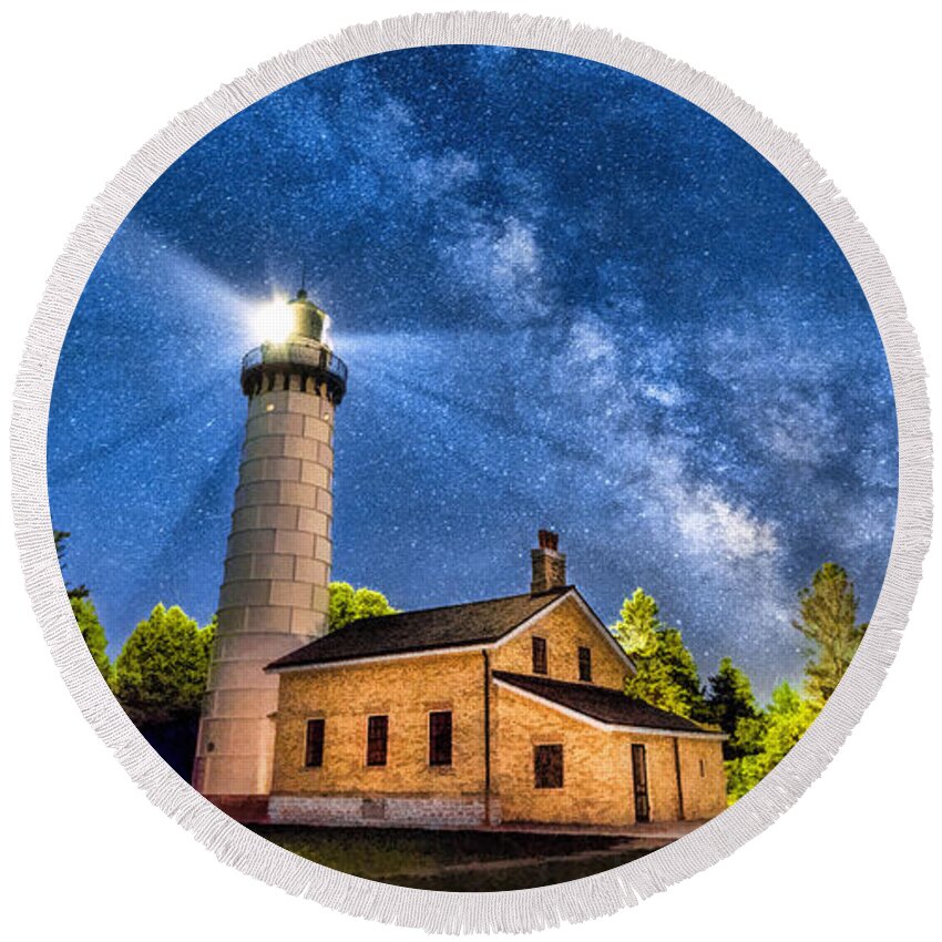Door County Round Beach Towel featuring the painting Cana Island Lighthouse Milky Way in Door County Wisconsin by Christopher Arndt
