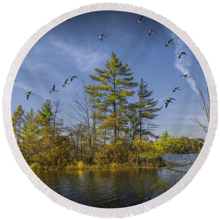 Beautiful Round Beach Towel featuring the photograph Canada Geese flying by a Small Island on Hall Lake by Randall Nyhof