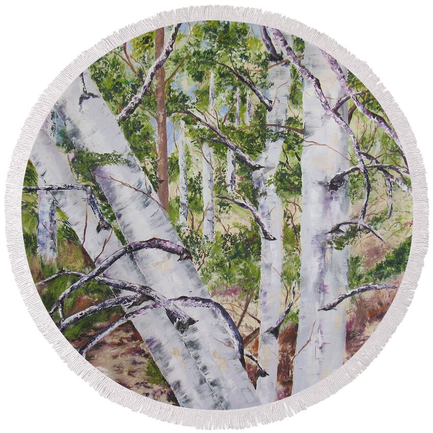 Birch Trees Round Beach Towel featuring the painting Canadian Birch Trees by Lisa Boyd