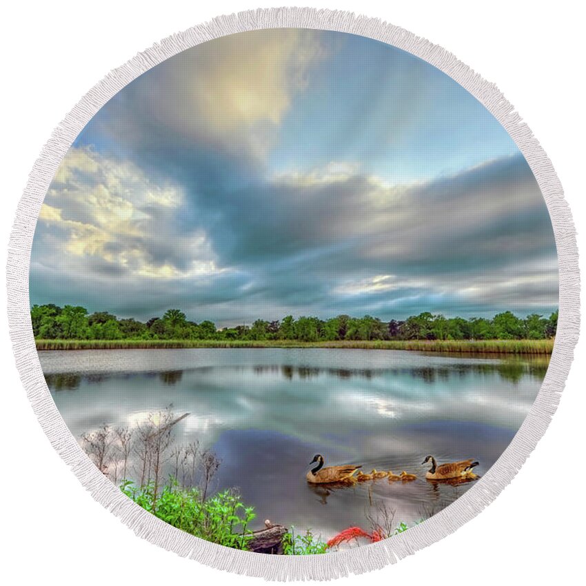 Animal Round Beach Towel featuring the photograph Canadian Geese on a Marylamd pond by Patrick Wolf