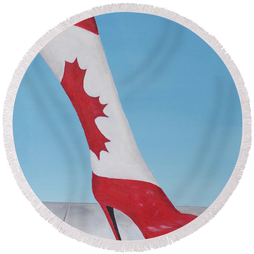 Canada150 Round Beach Towel featuring the painting Canadian Kinky Boot by Laurel Best