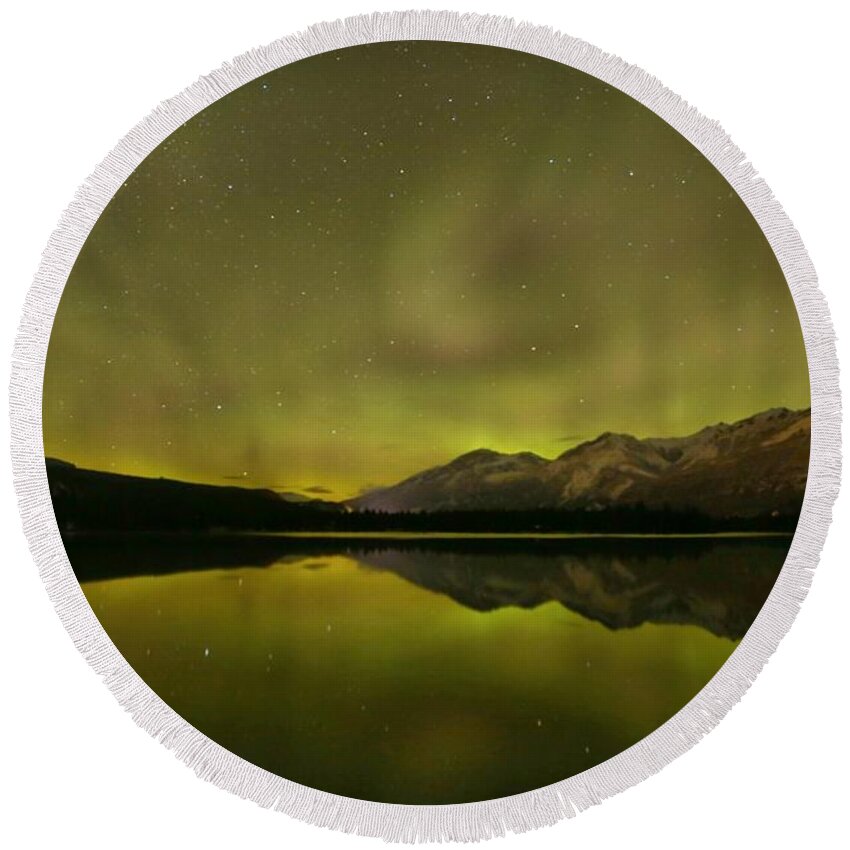Canadian Northern Lights Round Beach Towel featuring the photograph Canadian Rockies Light Show by Adam Jewell