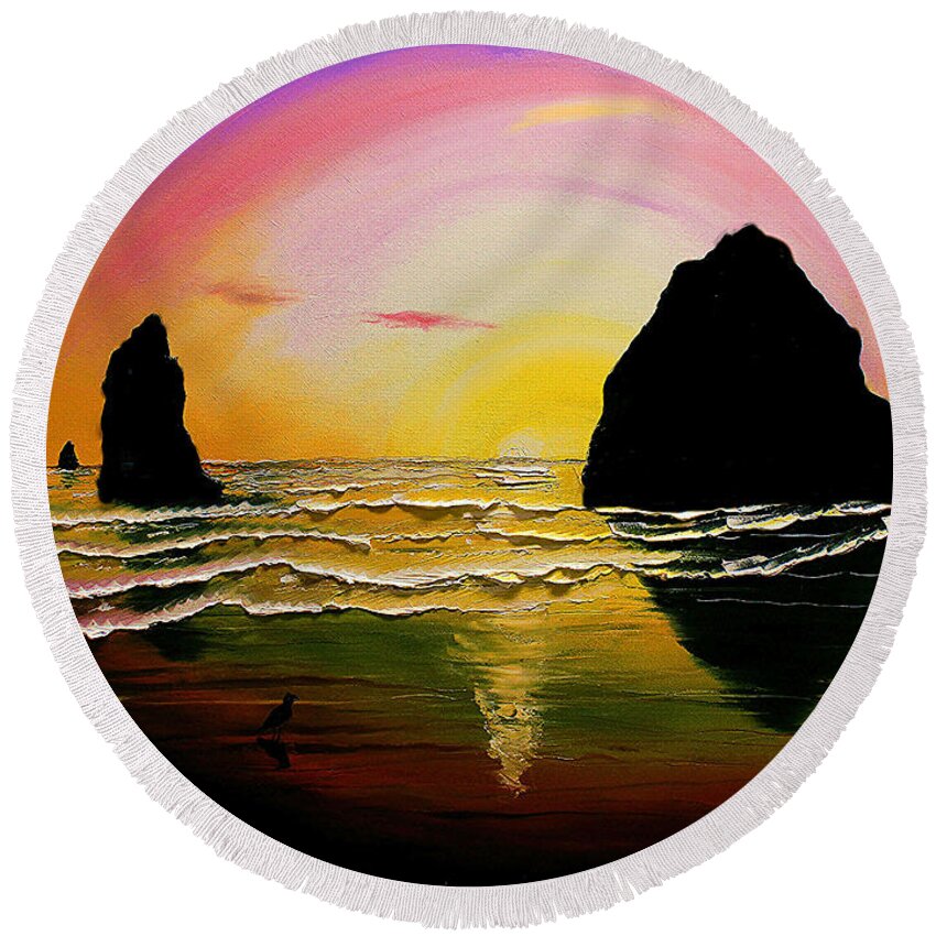  Round Beach Towel featuring the painting Cannon Beach at Sunset #30 by James Dunbar