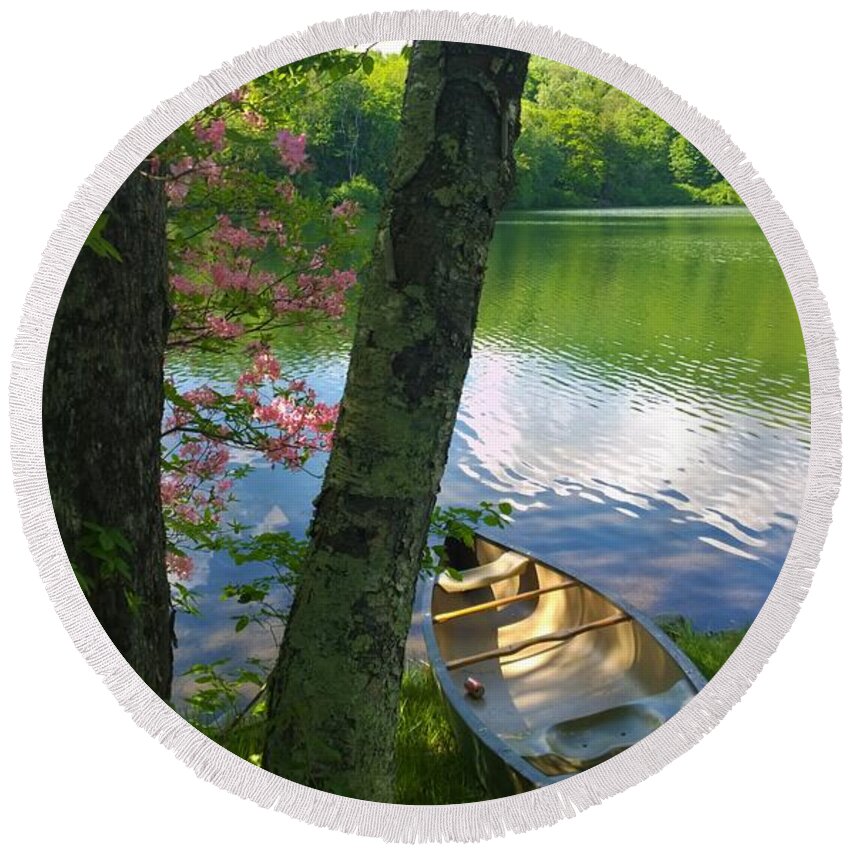 Canoe Round Beach Towel featuring the photograph Canoe on Pond, Catskills by Lisa Dunn