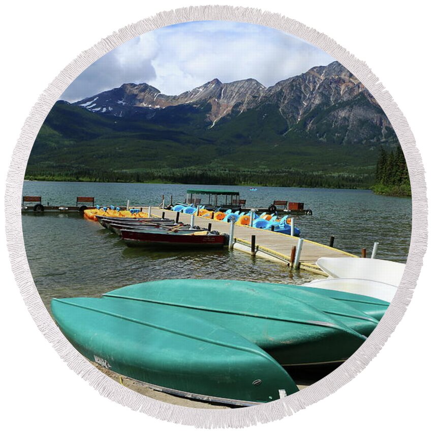 Canada Round Beach Towel featuring the photograph Canoes At Pyramid Lake by Christiane Schulze Art And Photography