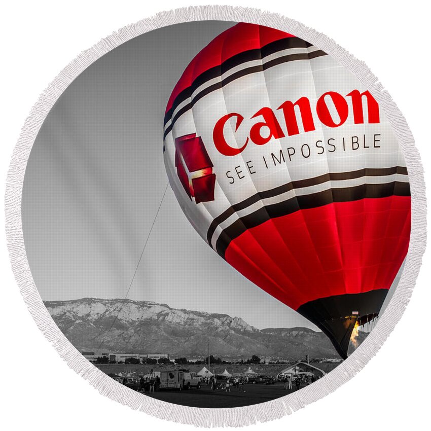 Albuquerque Round Beach Towel featuring the photograph Canon - See Impossible - Hot Air Balloon - Selective Color by Ron Pate