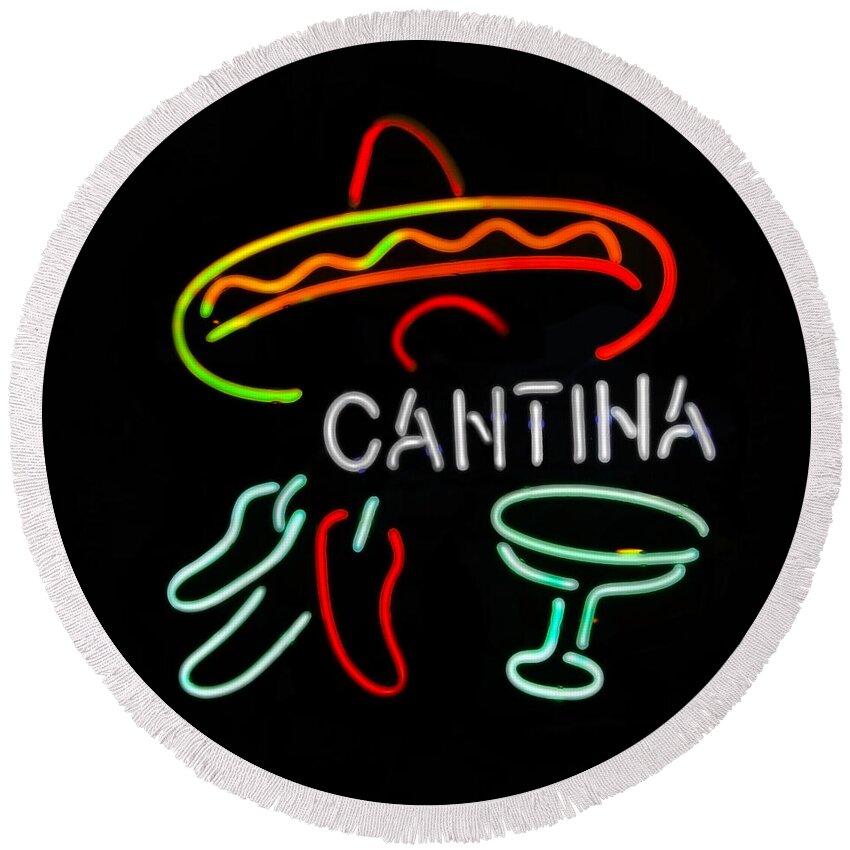 Neon Round Beach Towel featuring the photograph Cantina Neon Sign by Catherine Sherman