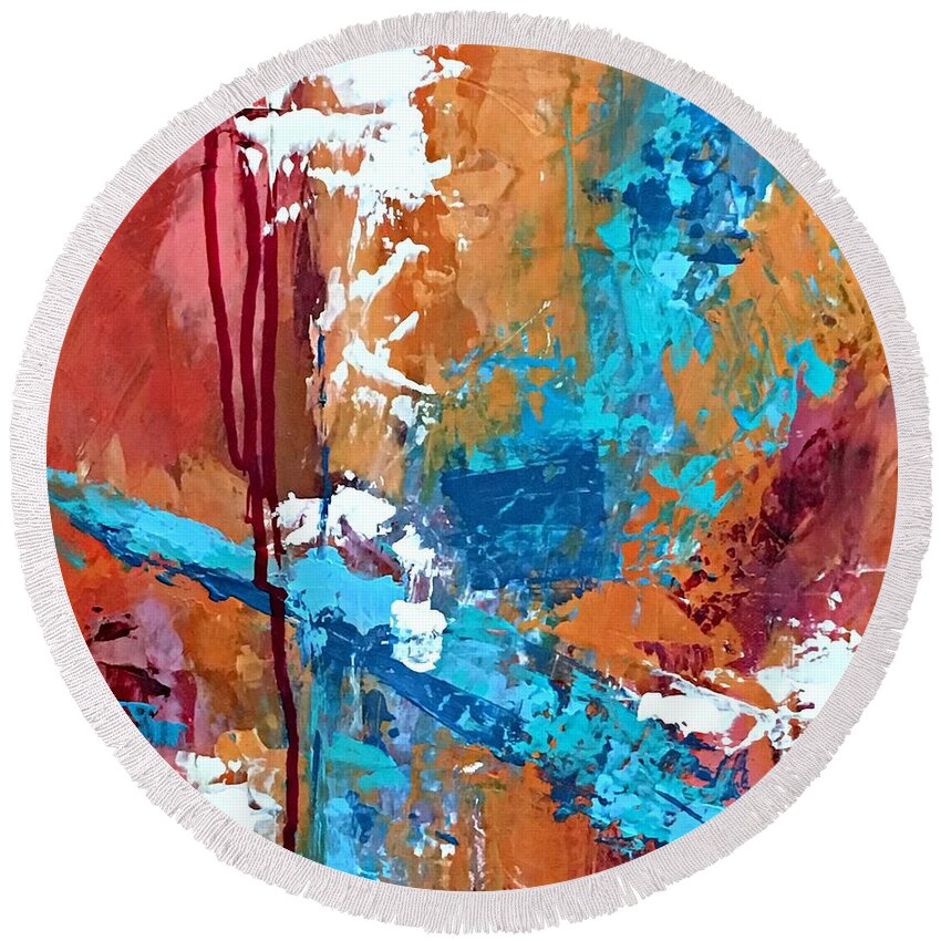 Abstract Round Beach Towel featuring the painting Canyon Song by Mary Mirabal