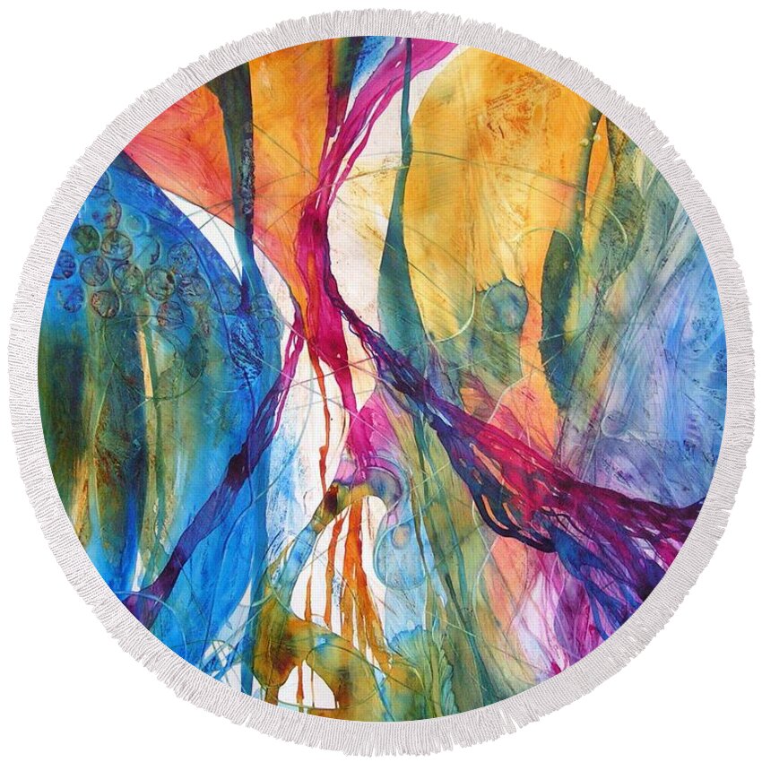 Mulicolored Round Beach Towel featuring the painting Canyon Sunrise by Annika Farmer