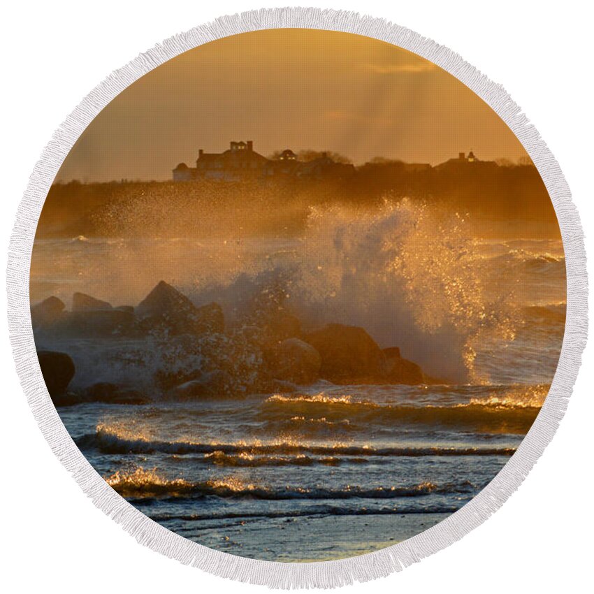 Cape Cod Round Beach Towel featuring the photograph Cape Cod Bay - Heavy Surf - Sunrise by Dianne Cowen Cape Cod Photography