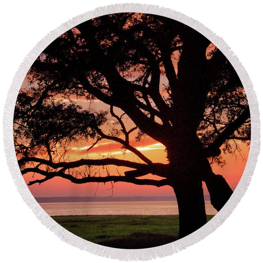 Fort Fisher Sunset Print Round Beach Towel featuring the photograph Cape Fear Sunset Overlook by Phil Mancuso