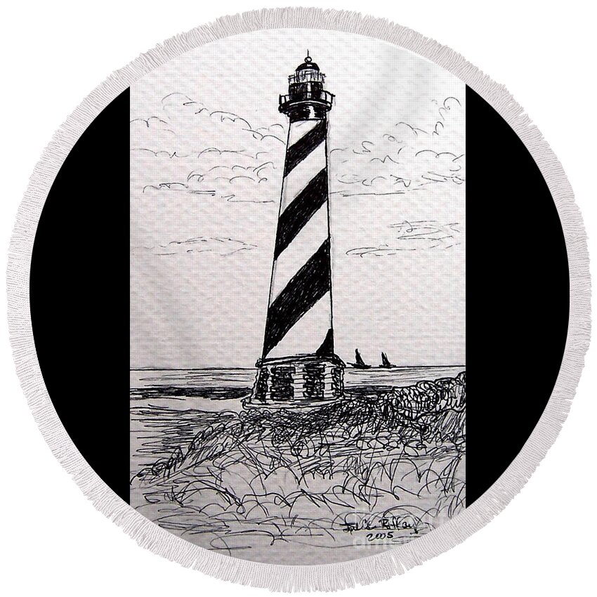 Cape Hatteras Round Beach Towel featuring the drawing Cape Hatteras Lighthouse NC by Julie Brugh Riffey
