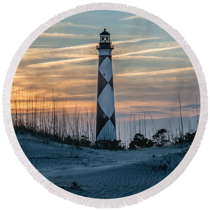 Cape Lookout Lighthouse Round Beach Towel featuring the photograph Cape Lookout Lighthouse at sunset by WAZgriffin Digital