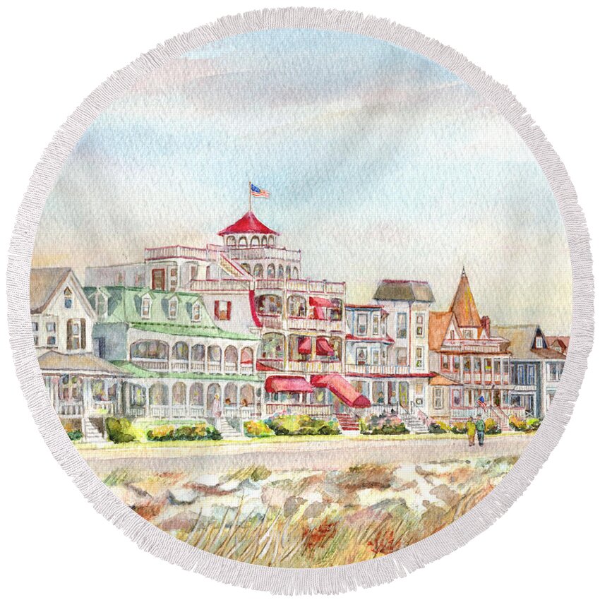 Cape May Promenade Round Beach Towel featuring the painting Cape May Promenade Cape May New Jersey by Pamela Parsons