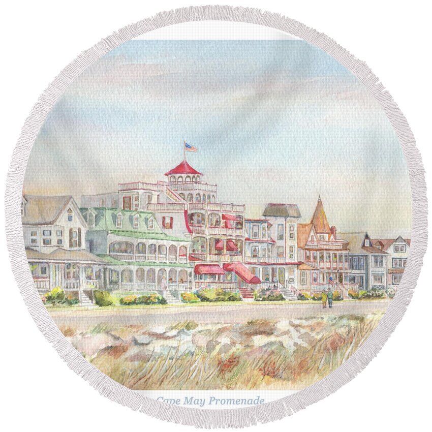 Cape May Round Beach Towel featuring the painting Cape May Promenade, Jersey Shore by Pamela Parsons