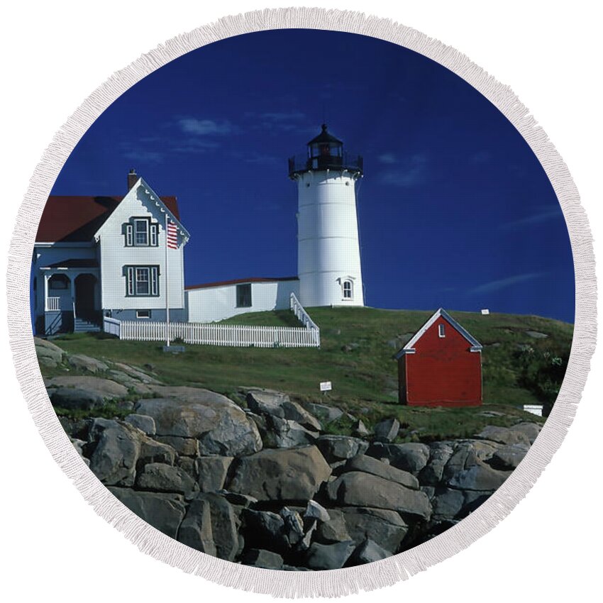 Lighthouse Round Beach Towel featuring the photograph Cape Neddick Maine by Joe Palermo