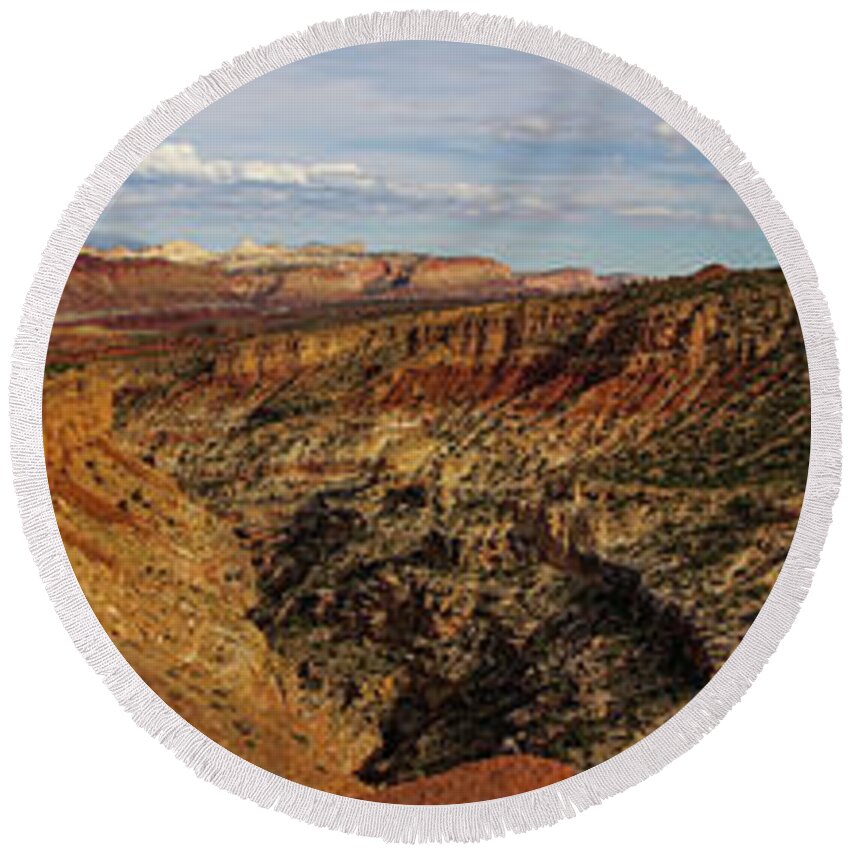 Utah Round Beach Towel featuring the photograph Capitol Reef National Park Panorama by Lawrence S Richardson Jr